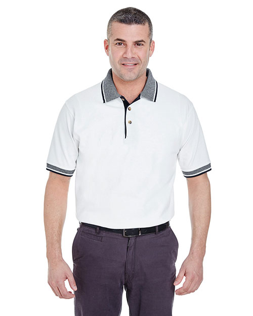 UltraClub 8536 Men WhiteBody Classic Pique Polo with Contrast MultiStripe Trim at GotApparel