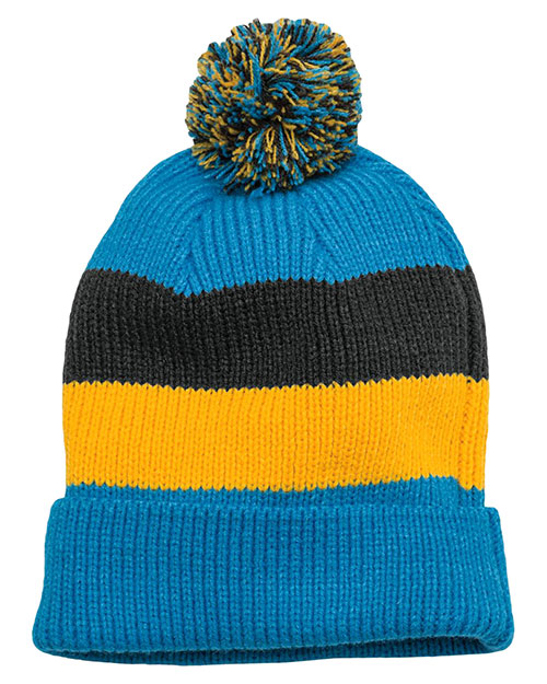 District DT627 Men Vintage Striped Beanie with Removable Pom at GotApparel