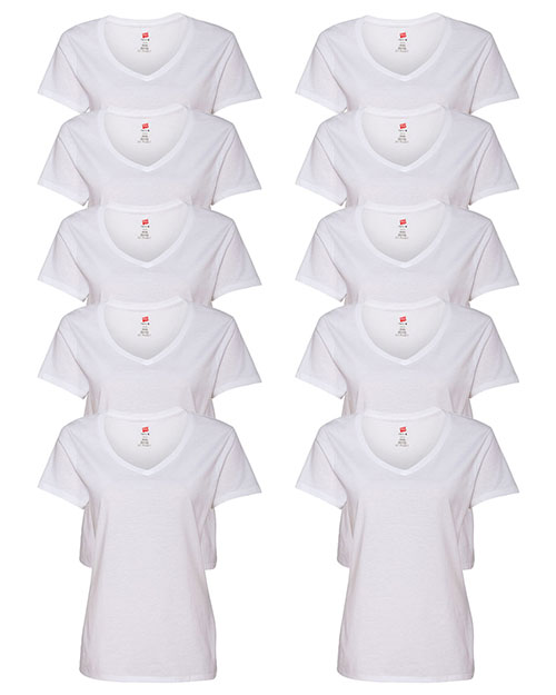 Hanes S04V Women 4.5 Oz. 100% Ringspun Cotton Nano-T V-Neck T-Shirt 10-Pack at GotApparel