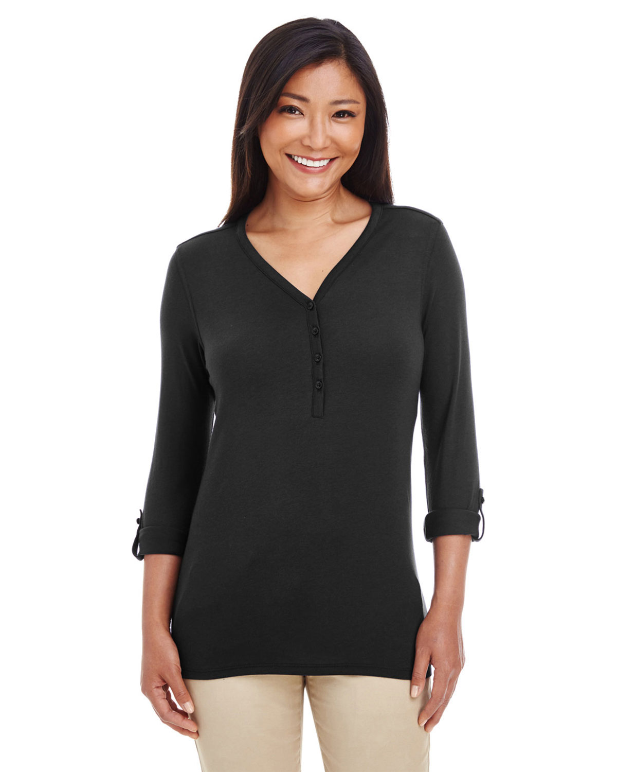 Devon & Jones DP186W Women's Perfect Fit� Y-Placket Convertible Sleeve Knit Top