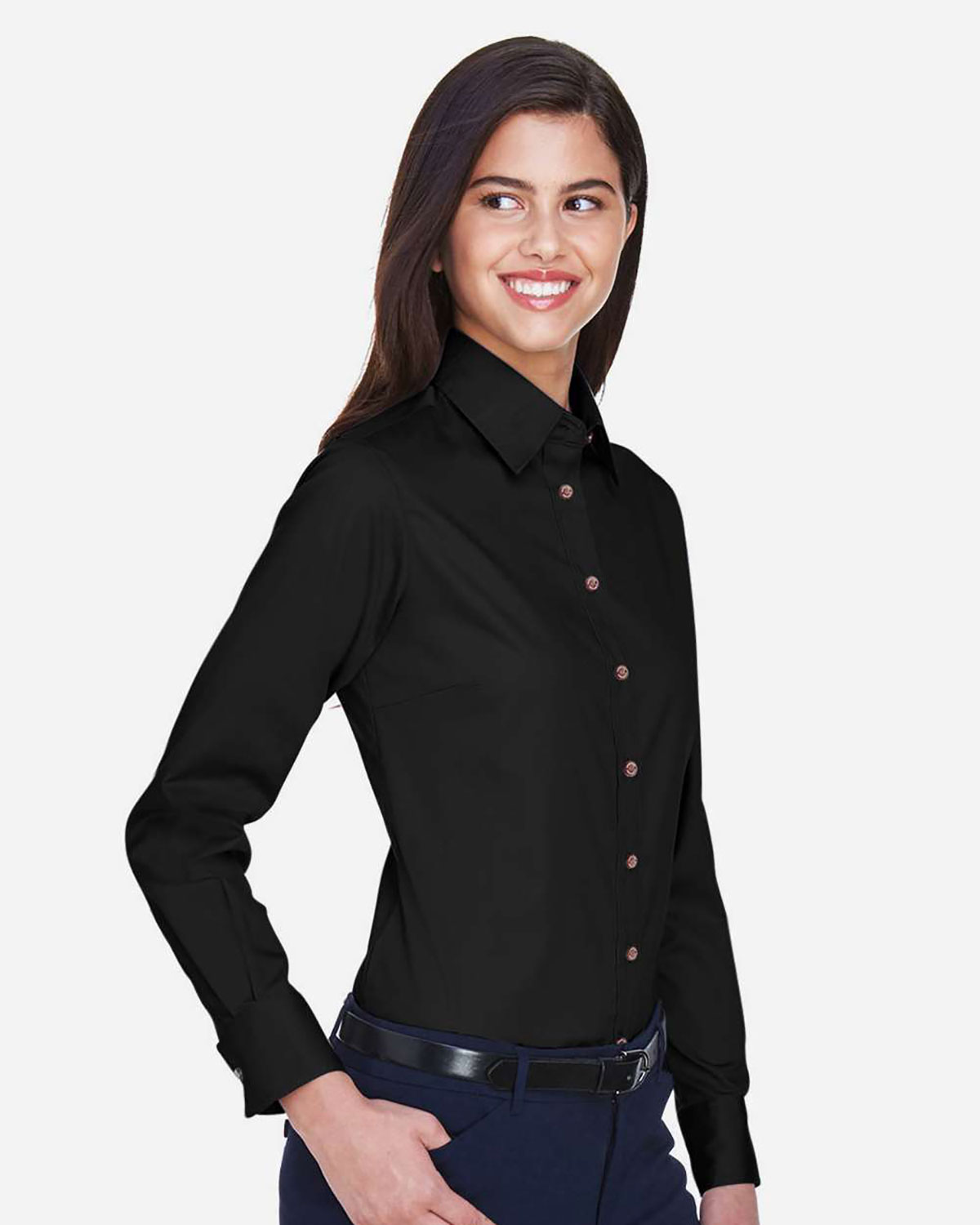 Harriton M500W Women's Easy Blend� Long Sleeve Twill�Dress Shirt with Stain-Release view 3