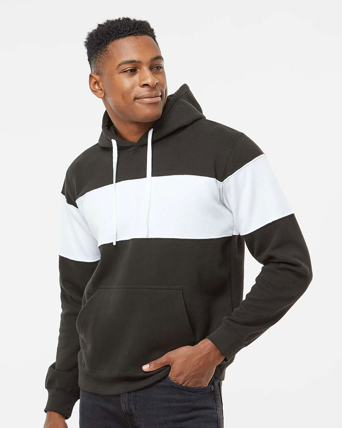 J. America 8644 Men's Varsity Fleece Colorblocked Hooded Sweatshirt view 3