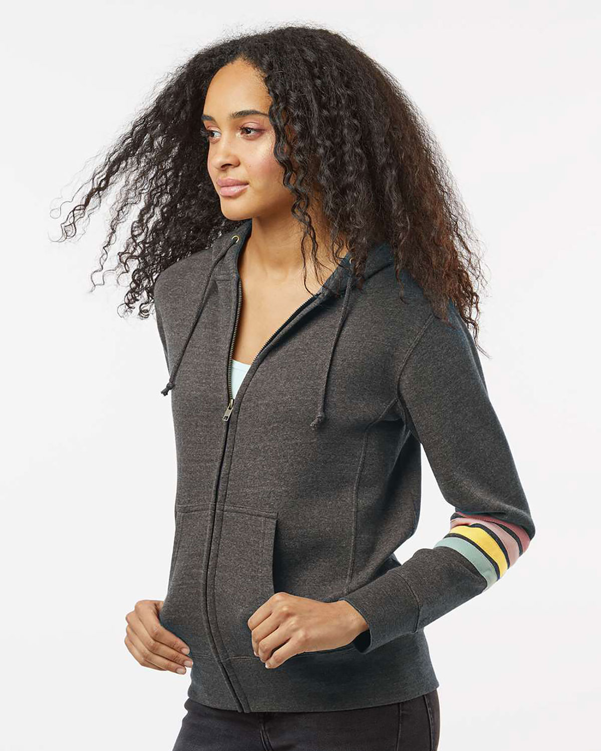 MV Sport W22732 Women's Striped Sleeves Full-Zip Hooded Sweatshirt view 3