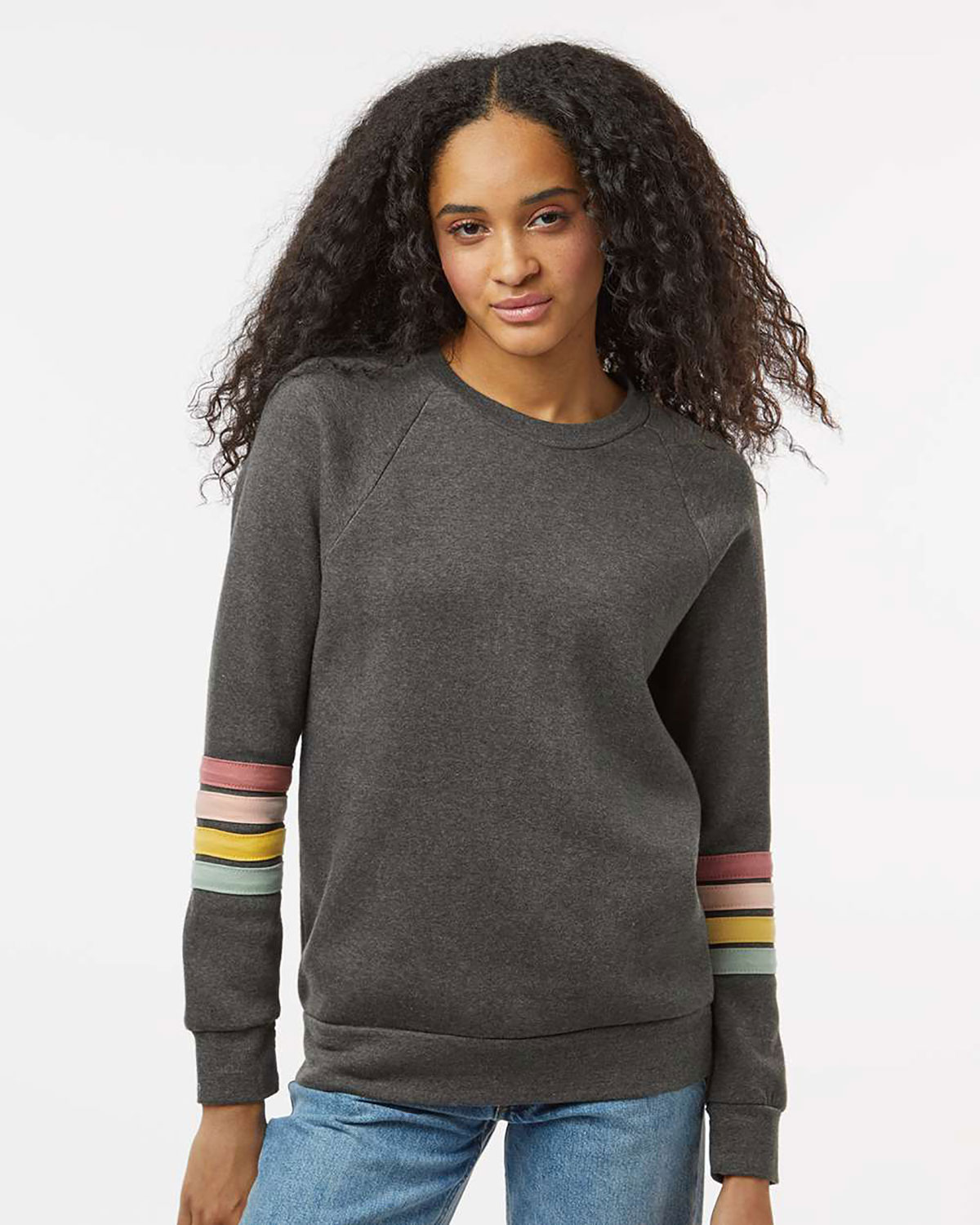 MV Sport W23152 Women's Striped Sleeves Crewneck Sweatshirt