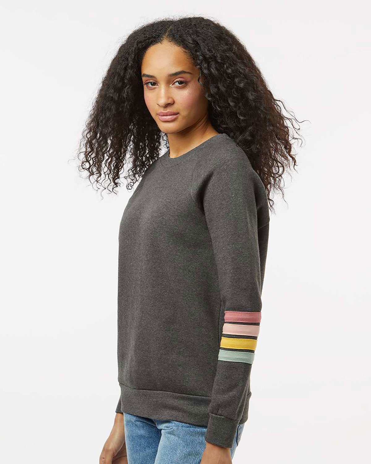 MV Sport W23152 Women's Striped Sleeves Crewneck Sweatshirt view 3