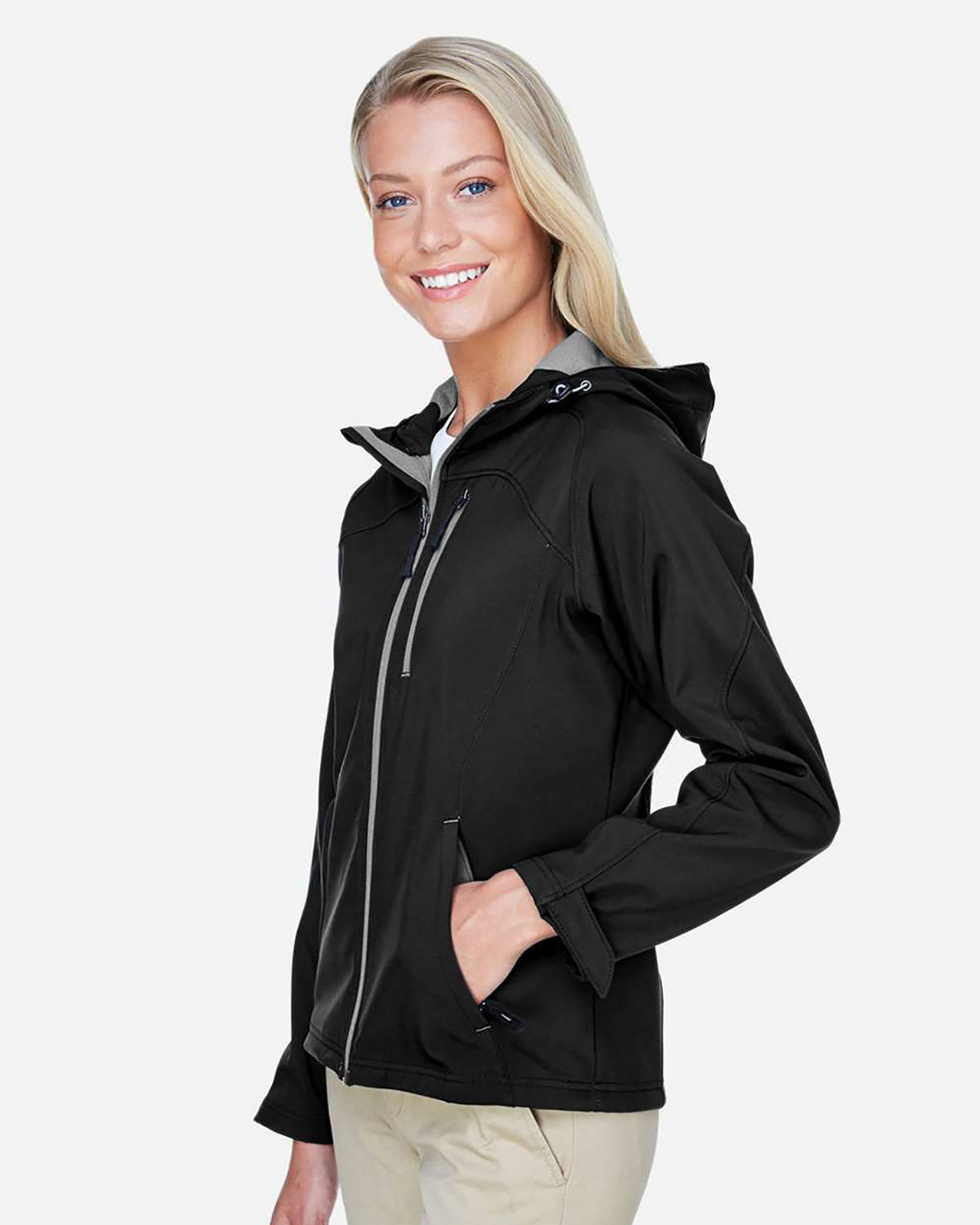North End 78166 Women's Prospect Two-Layer Fleece Bonded Soft Shell Hooded Jacket view 3
