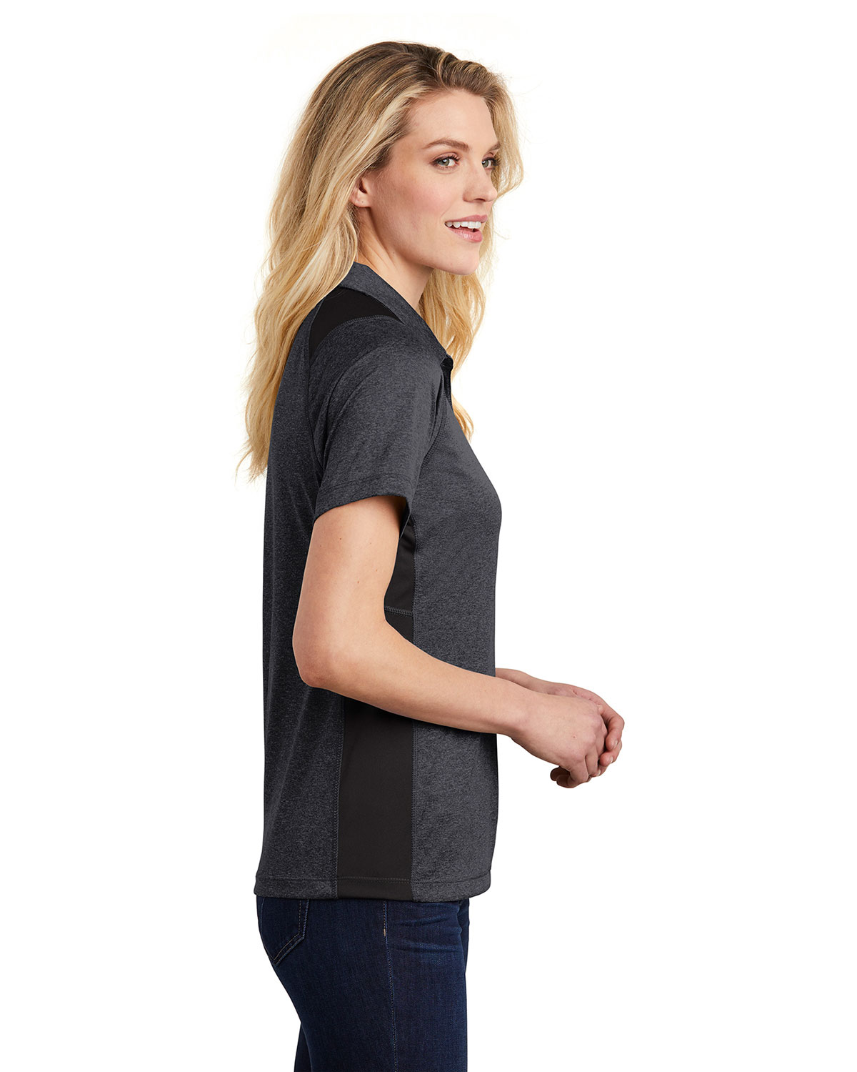 Sport-Tek LST665 Women's Heather Colorblock Contender Polo view 3