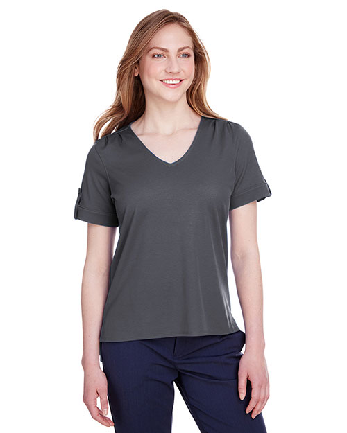 Devon & Jones DG20WB women CrownLux Performance Plaited Rolled-Sleeve Top at GotApparel