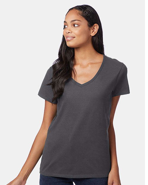 Hanes S04V Women 4.5 Oz. 100% Ringspun Cotton Nano-T V-Neck T-Shirt at GotApparel