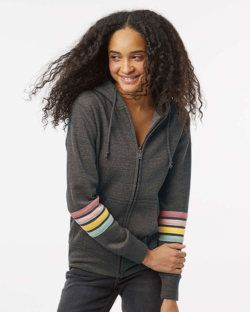 MV Sport W22732 Women's Striped Sleeves Full-Zip Hooded Sweatshirt at GotApparel