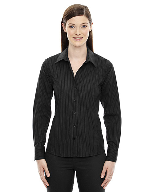 North End 78674 Women Boardwalk Wrinkle-Free Two-Ply 80 Cotton Striped Tape Shirt at GotApparel