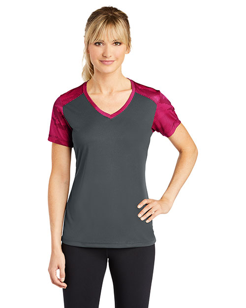 Sport-Tek® LST371 Women Camohex Colorblock V-Neck Tee at GotApparel