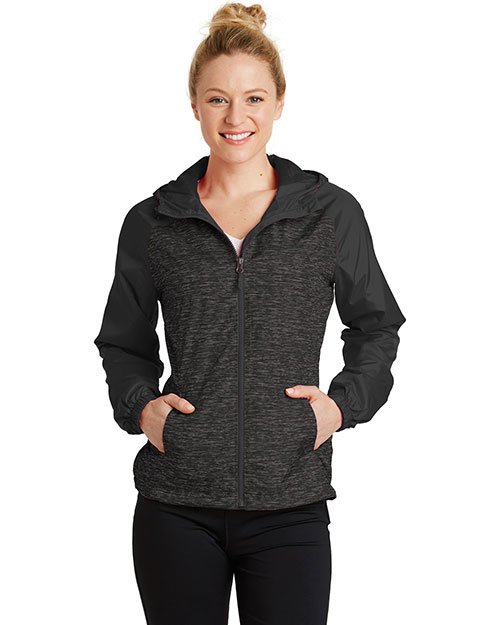 Sport-Tek® LST40 Women   Heather Colorblock Raglan Hooded Wind Jacket at GotApparel