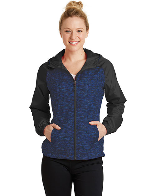 Sport-Tek® LST40 Women   Heather Colorblock Raglan Hooded Wind Jacket at GotApparel