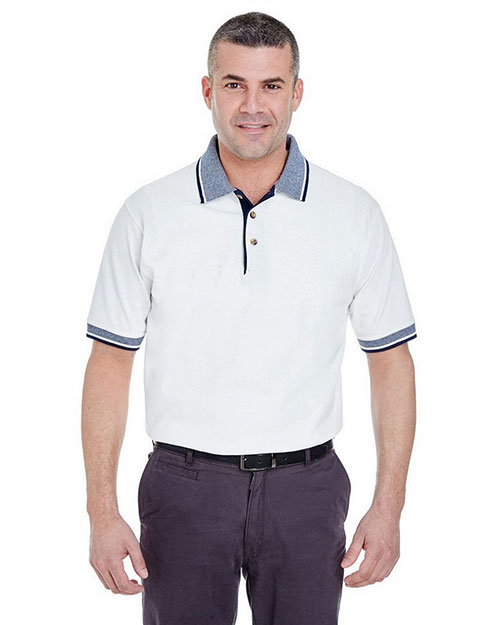 UltraClub 8536 Men WhiteBody Classic Pique Polo with Contrast MultiStripe Trim at GotApparel