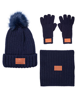 Leeman LG905  Three-Piece Rib Knit Fur Pom Winter Set at GotApparel